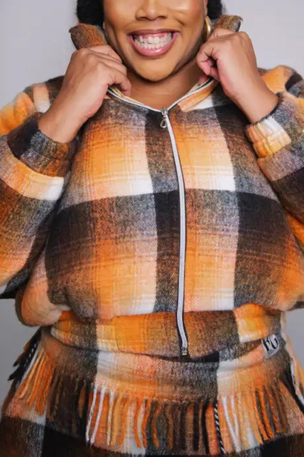 Stylish Plaid Tassel Bomber Jacket & Skirt