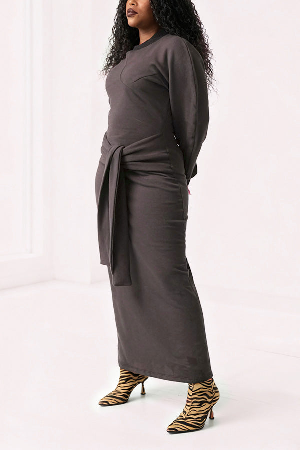 Casual Colorblock Tie-Drape Sweatshirt Dress