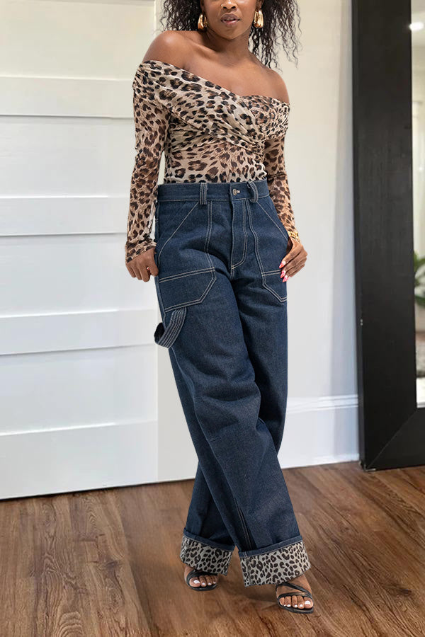 Stylish Leopard Print Cuffed Boyfriend Jeans