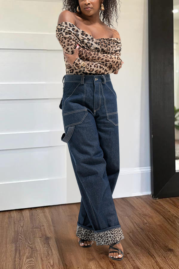 Stylish Leopard Print Cuffed Boyfriend Jeans
