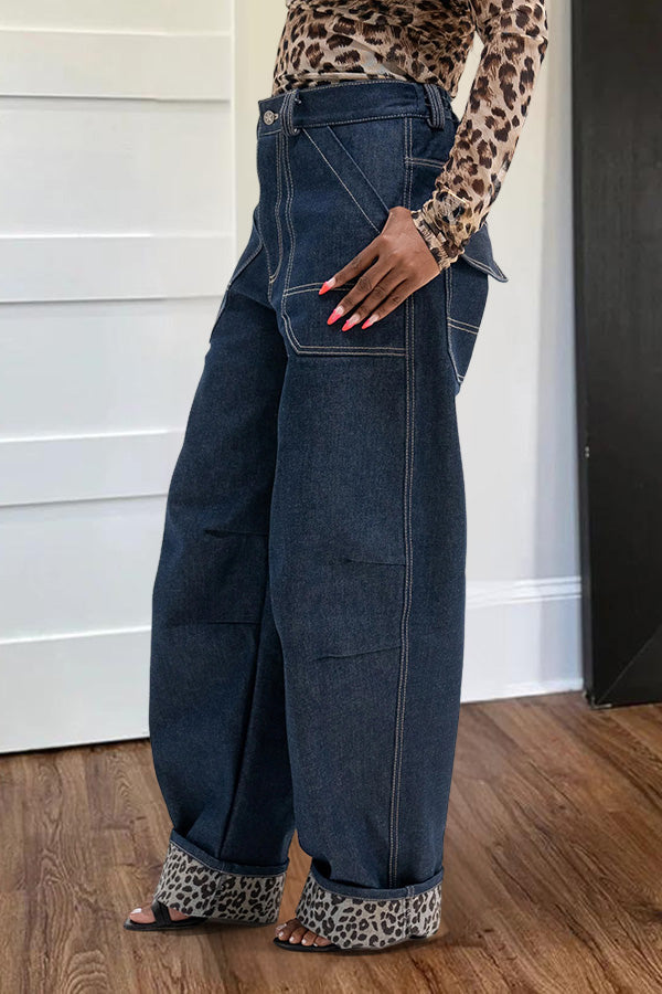 Stylish Leopard Print Cuffed Boyfriend Jeans