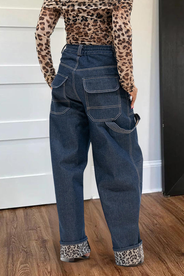 Stylish Leopard Print Cuffed Boyfriend Jeans