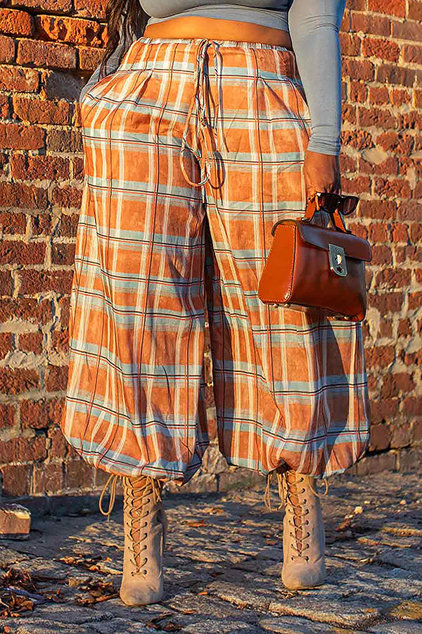 Casual Harem-inspired Plaid Print Pants