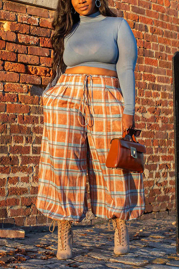 Casual Harem-inspired Plaid Print Pants