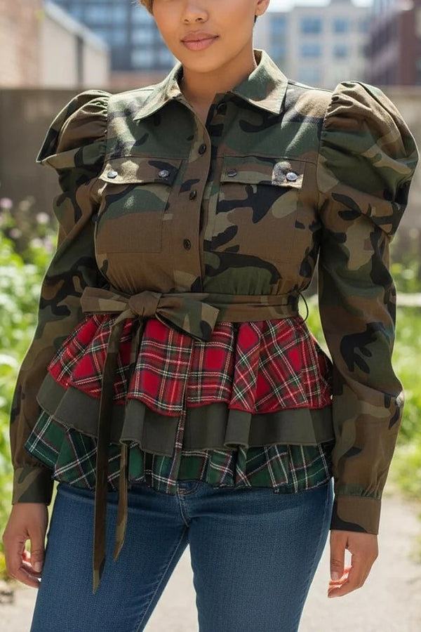 Casual Layered Ruffled Colorblock Plaid Hem Camouflage Top