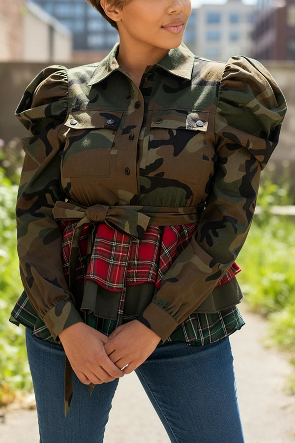 Casual Layered Ruffled Colorblock Plaid Hem Camouflage Top