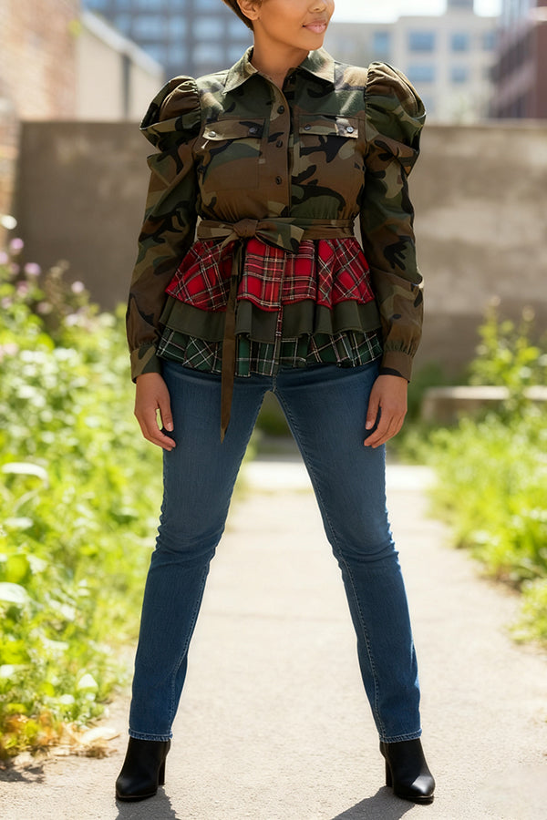 Casual Layered Ruffled Colorblock Plaid Hem Camouflage Top