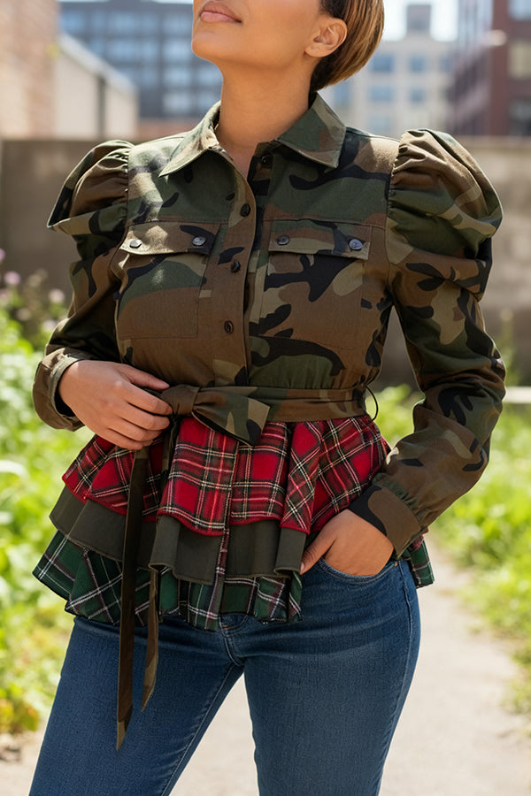 Casual Layered Ruffled Colorblock Plaid Hem Camouflage Top