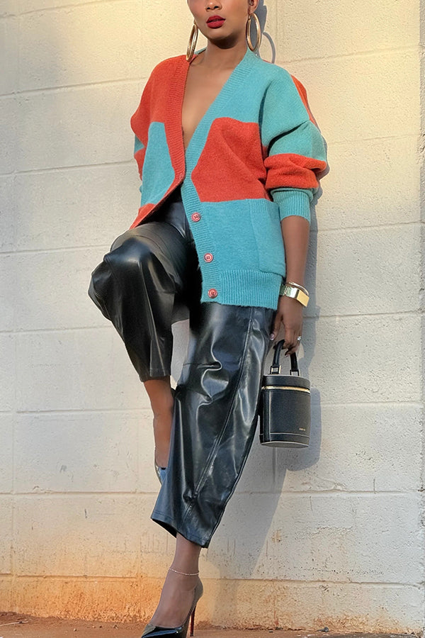 Chic Double Pocket Contrast Color Knit Cardigan