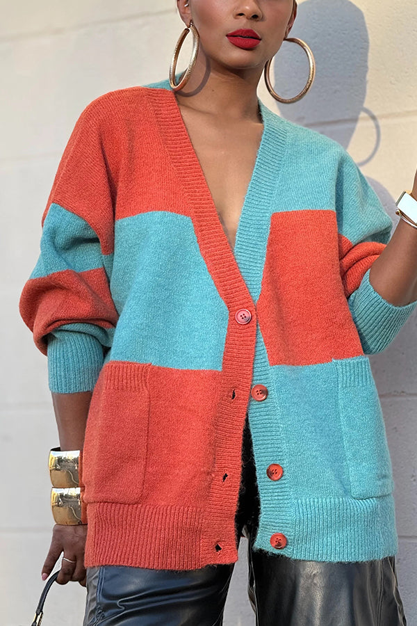 Chic Double Pocket Contrast Color Knit Cardigan