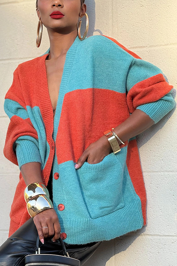 Chic Double Pocket Contrast Color Knit Cardigan