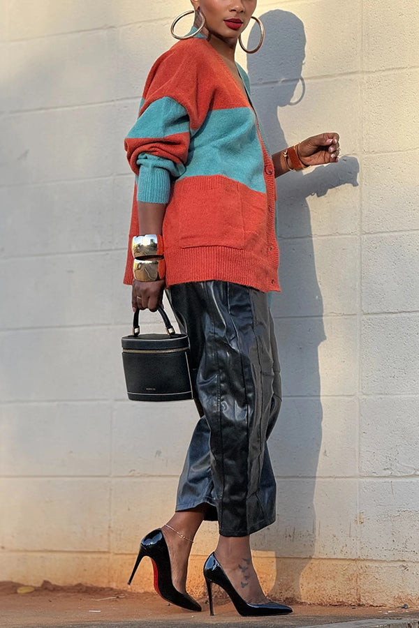 Chic Double Pocket Contrast Color Knit Cardigan