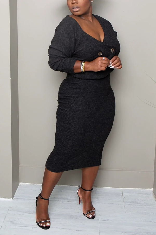 Stylish Ribbed Button-Up Top & High-Waisted Pencil Skirt