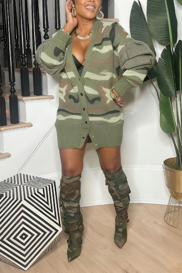 Stylish Snap Button Camo Print Cardigan