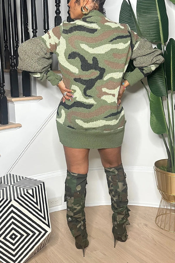 Stylish Snap Button Camo Print Cardigan