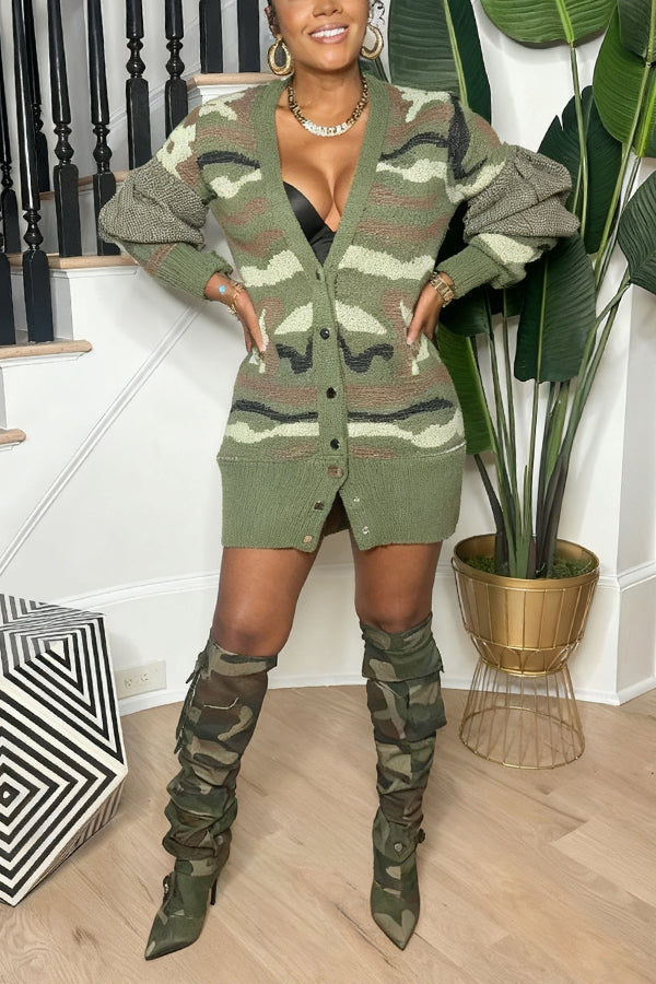 Stylish Snap Button Camo Print Cardigan