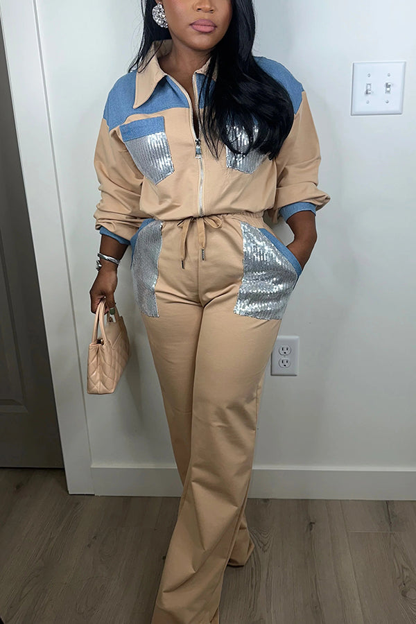 Shine Denim Sequin Stitching Top & Pants Set