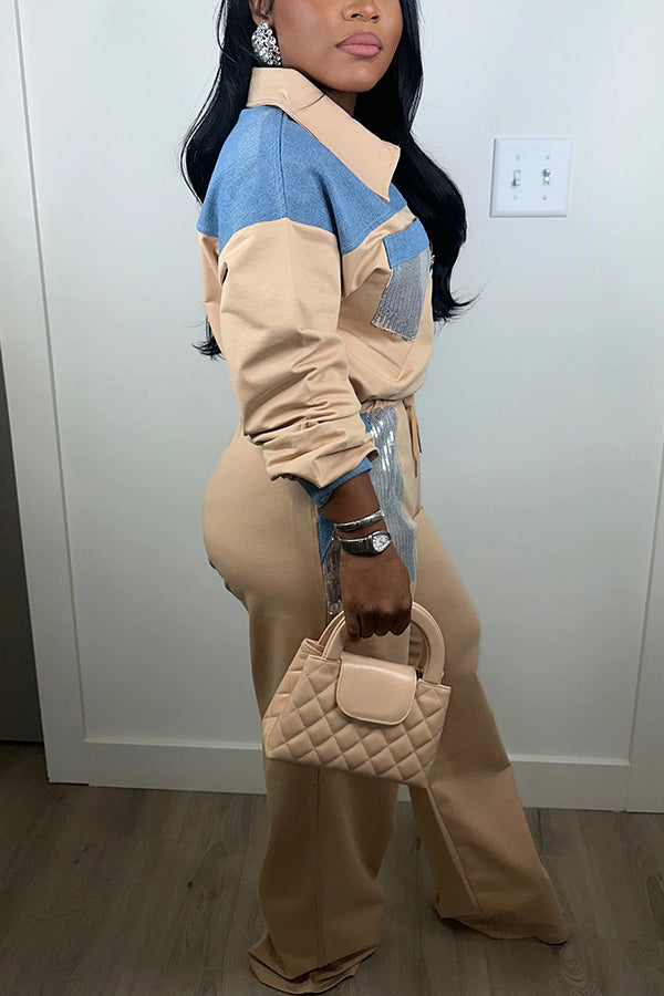 Shine Denim Sequin Stitching Top & Pants Set