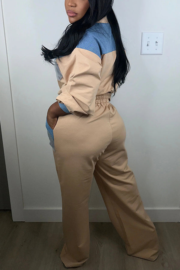 Shine Denim Sequin Stitching Top & Pants Set