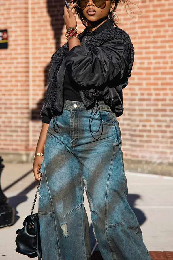 Stylish Ruffled Bomber Cropped Jacket