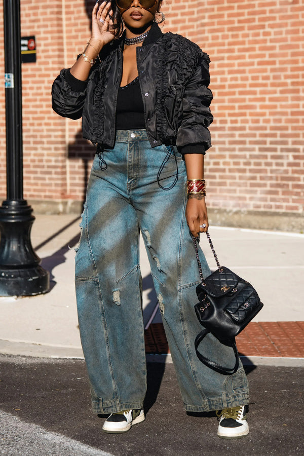 Stylish Ruffled Bomber Cropped Jacket