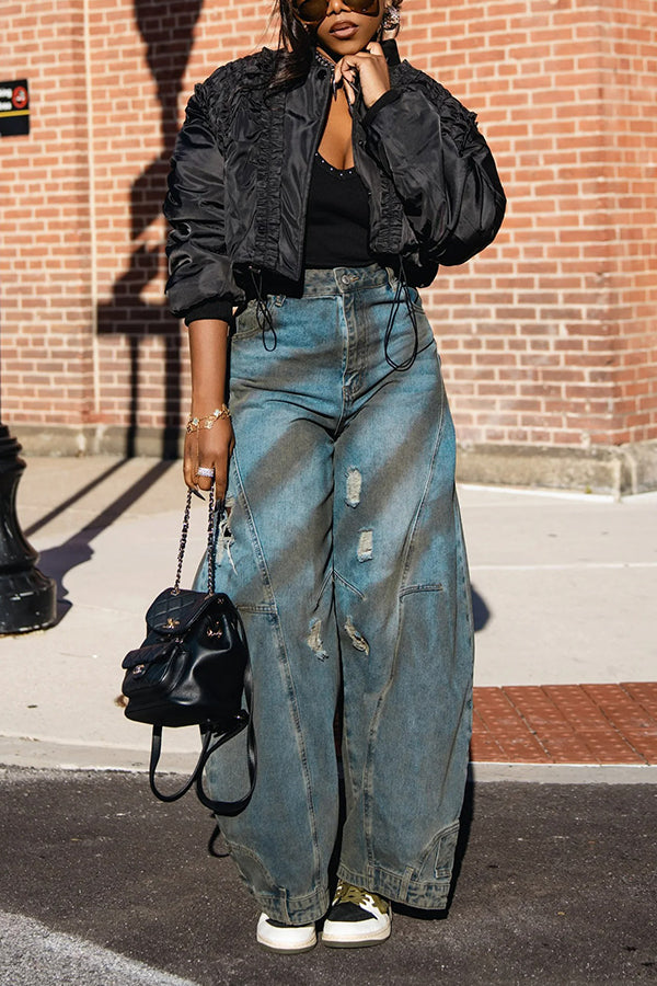 Stylish Ruffled Bomber Cropped Jacket
