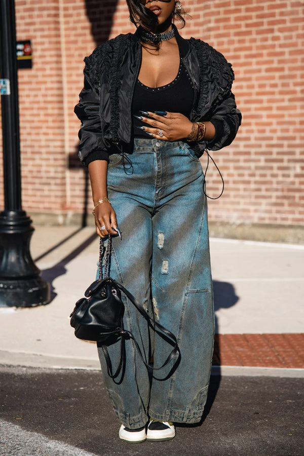 Stylish Seams Ripped Wide-Leg Jeans