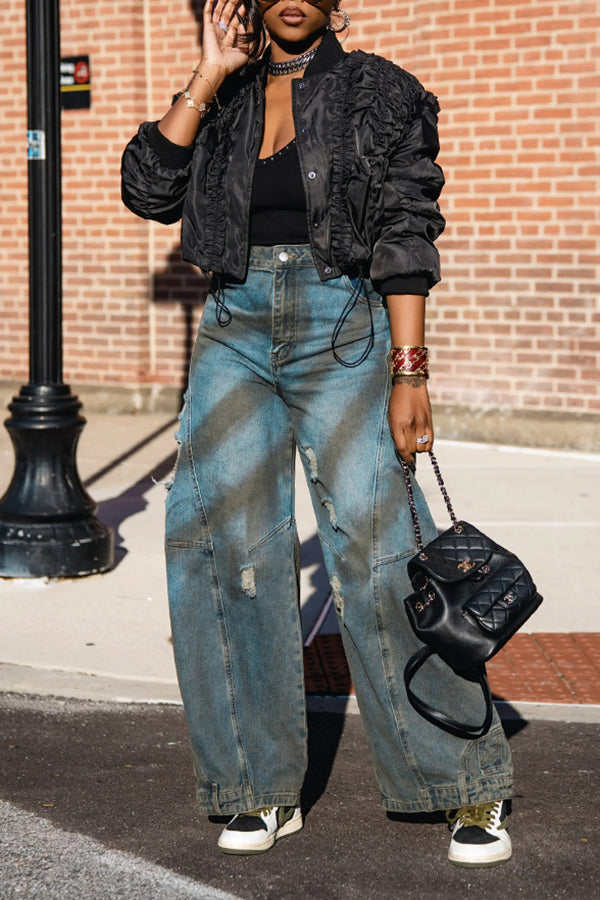 Stylish Seams Ripped Wide-Leg Jeans