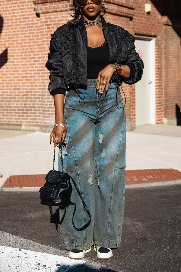 Stylish Seams Ripped Wide-Leg Jeans