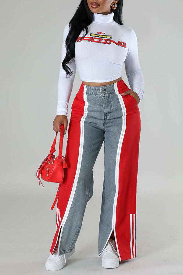 Casual Colorblock Contrast Denim Pants