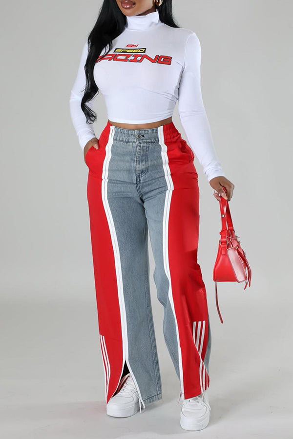 Casual Colorblock Contrast Denim Pants