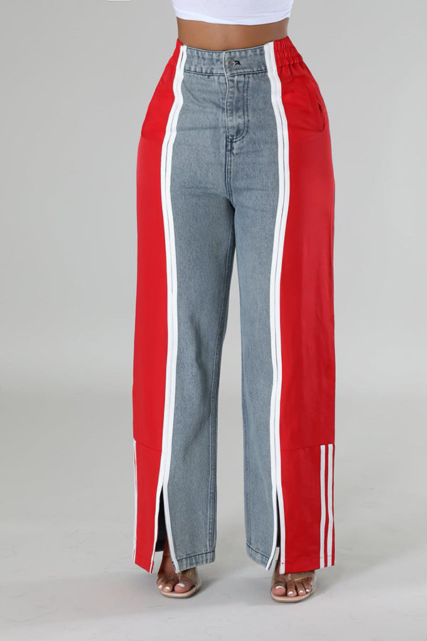 Casual Colorblock Contrast Denim Pants