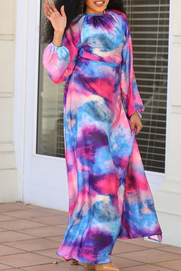 Stylish Tie Dye Lantern Sleeve Maxi Dress