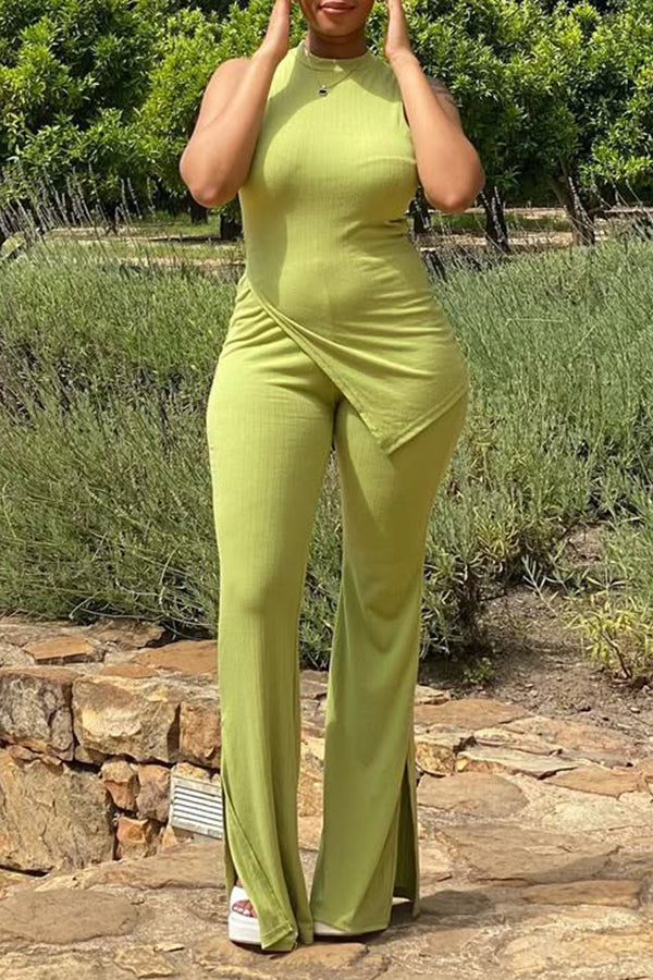 Chic Asymmetrical Hem Top & Split Hem Pants Set