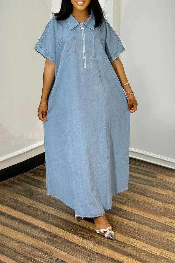 Stylish Zip Front Loose Denim Dress