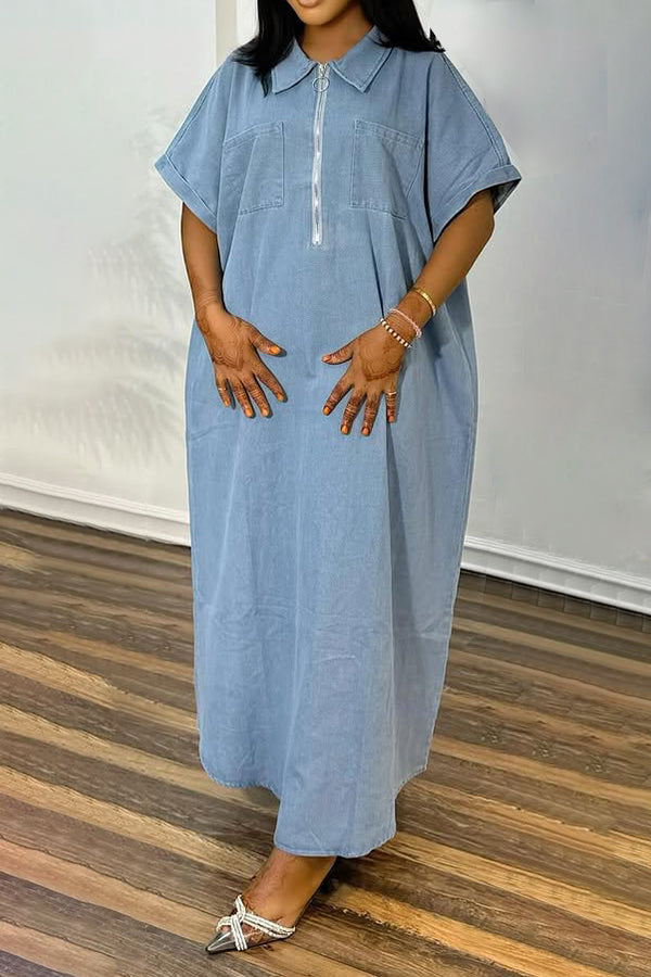 Stylish Zip Front Loose Denim Dress