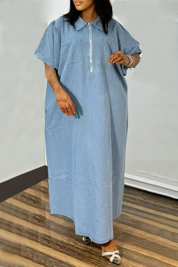 Stylish Zip Front Loose Denim Dress
