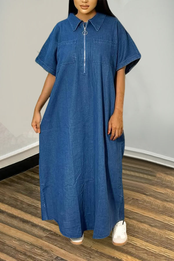 Stylish Zip Front Loose Denim Dress