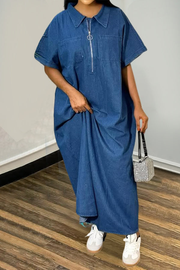 Stylish Zip Front Loose Denim Dress