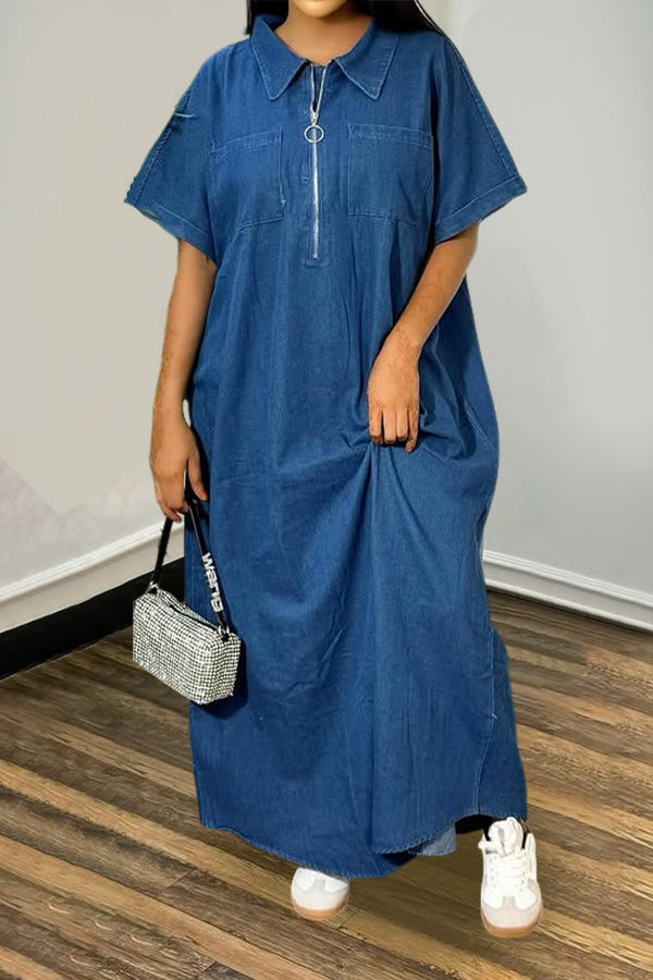 Stylish Zip Front Loose Denim Dress