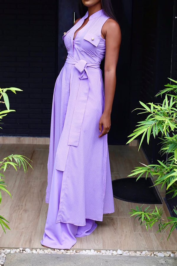 Vintage Button Front Long Top & Pants Set