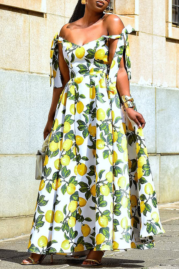 Vintage Lemon Print Knot Shoulder Dress