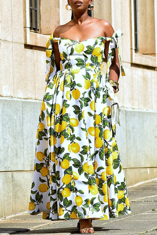 Vintage Lemon Print Knot Shoulder Dress