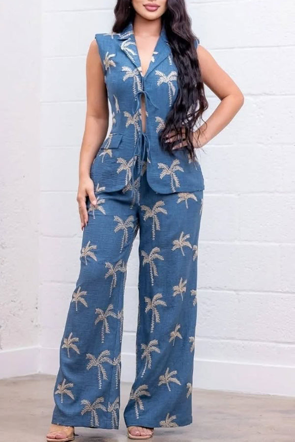 Stylish Leaf Print Top & Straight Leg Pants Set