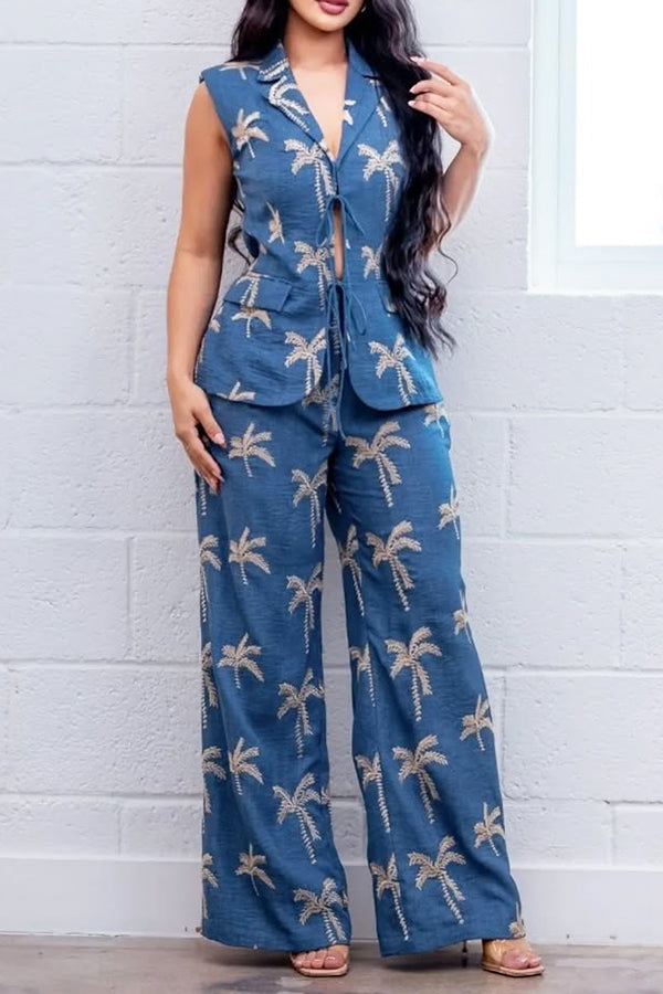 Stylish Leaf Print Top & Straight Leg Pants Set