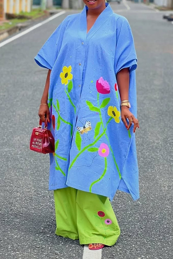 Retro Floral Print Top & Pants Set