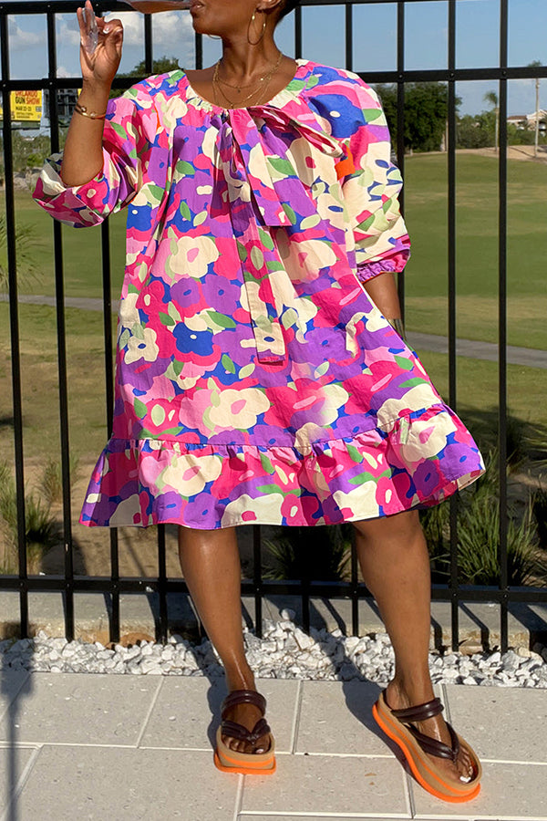 Vacation Floral Print Lantern Sleeve Dress 