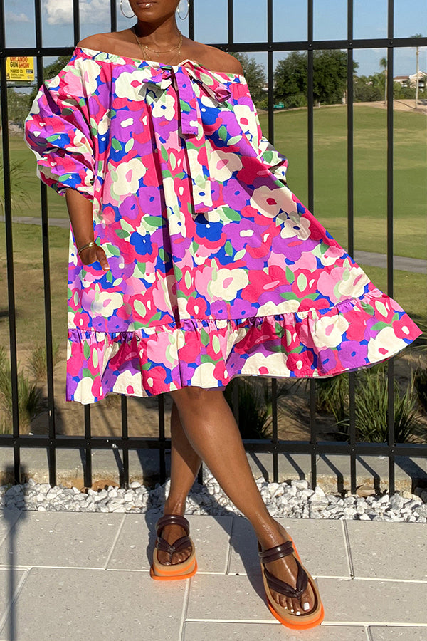 Vacation Floral Print Lantern Sleeve Dress 