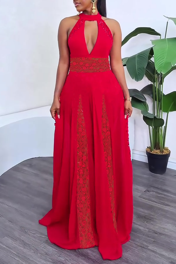 Stylish Contrast Lace Halter Dress