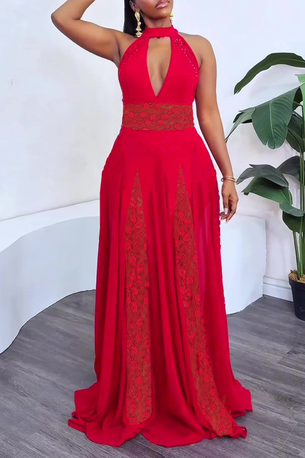 Stylish Contrast Lace Halter Dress